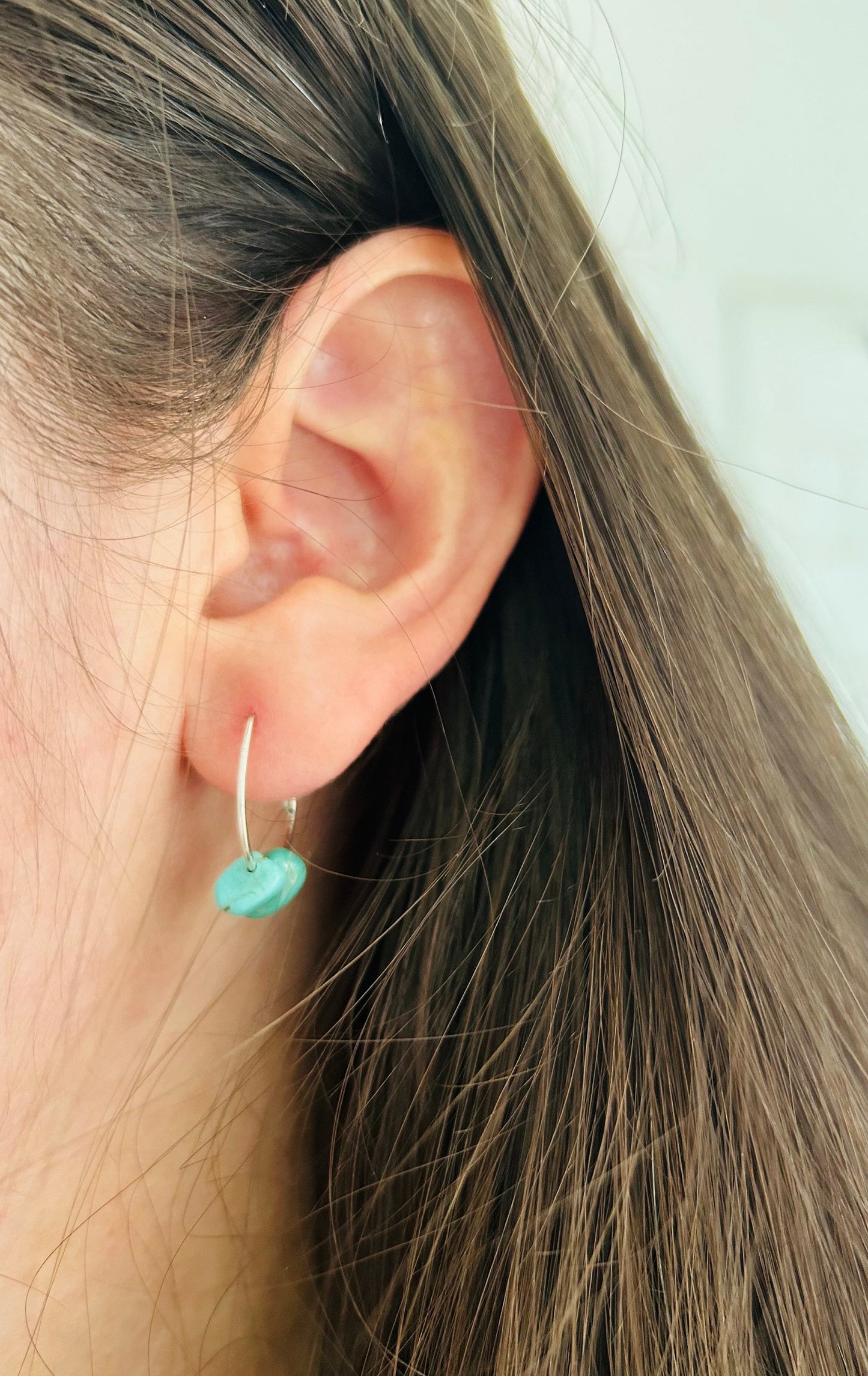 Turquoise Stone Dangle Beaded Small Hoop Earrings Sterling Silver or Gold Filled Pair