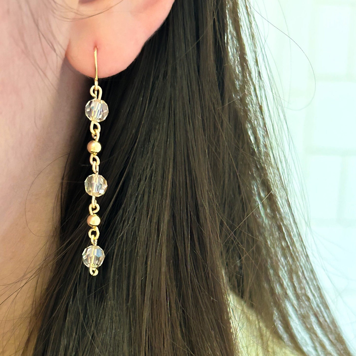 Gold and Champagne Crystal Dangle Drop Earrings 14k Gold Filled