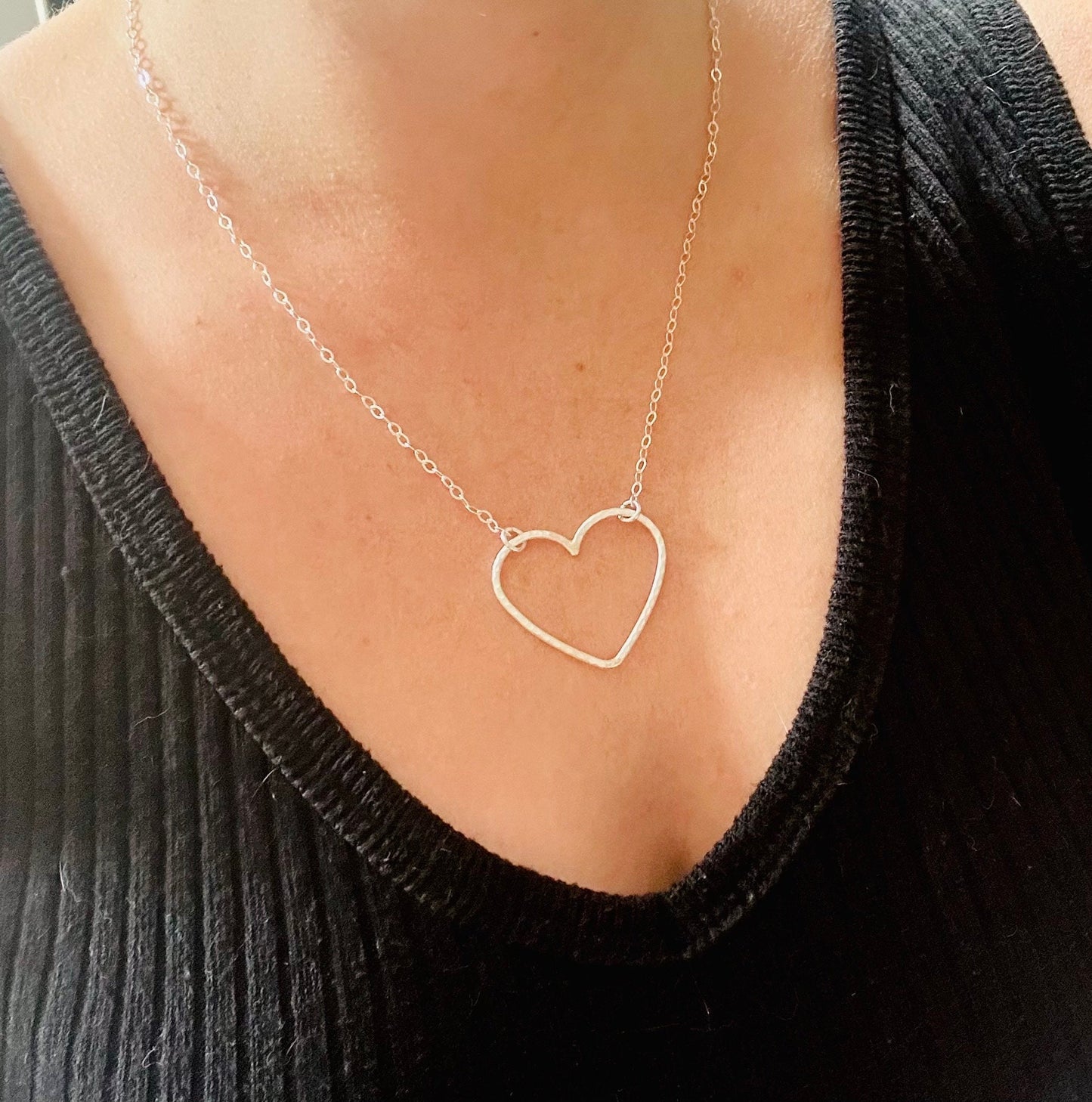 Sterling Silver Big Open Heart Textured Pendant Necklace