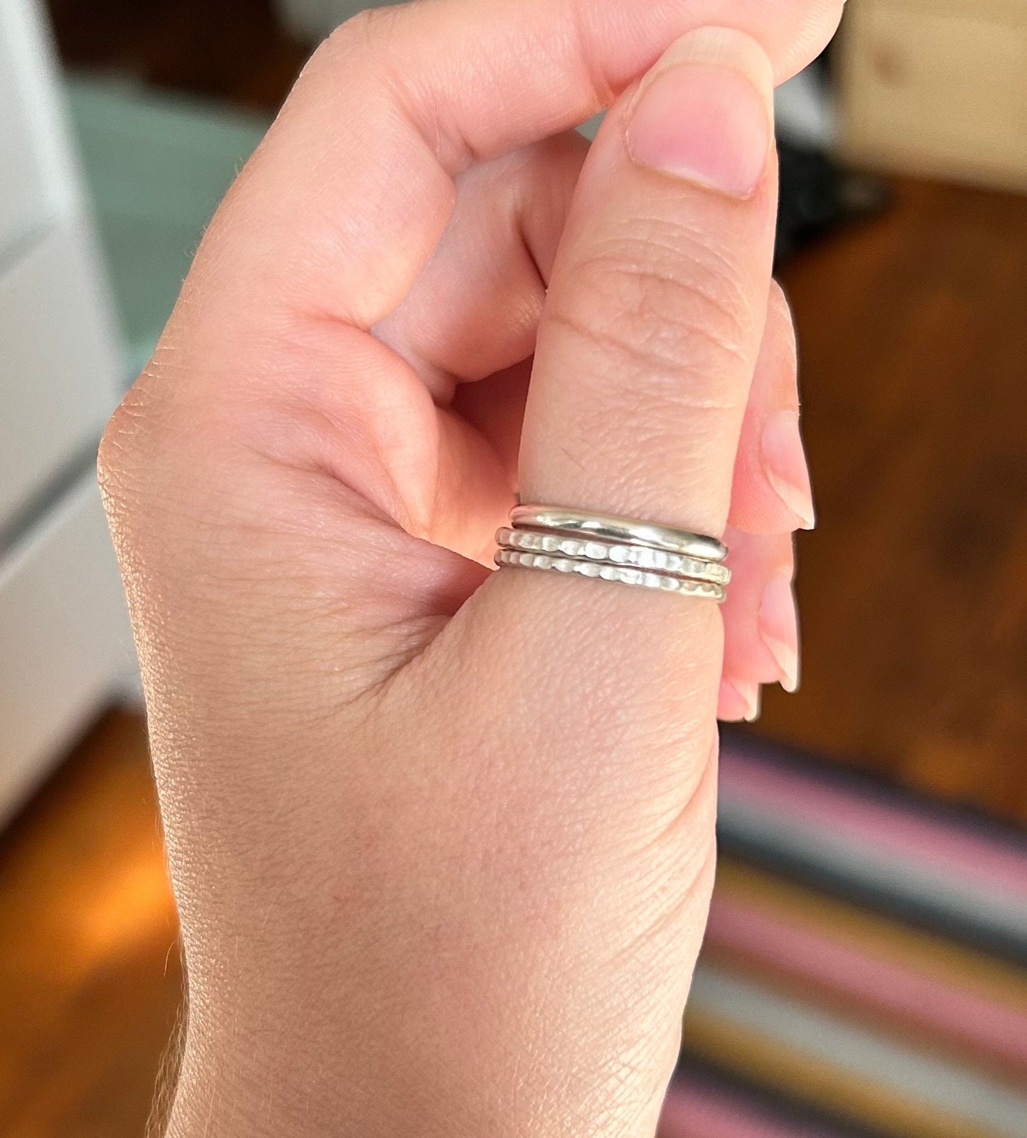 Set of 2 Hammered Texture Sterling Silver Stacking Rings