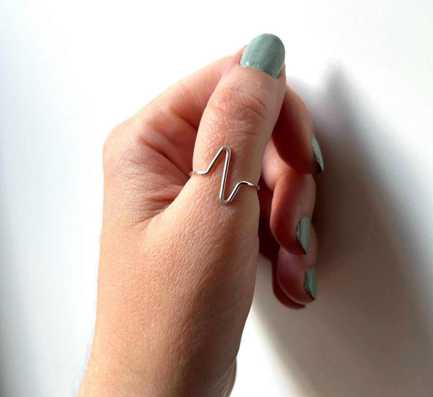 Pulse Set of 2 Sterling Silver Rings, EKG Ring and Skinny Silver Band