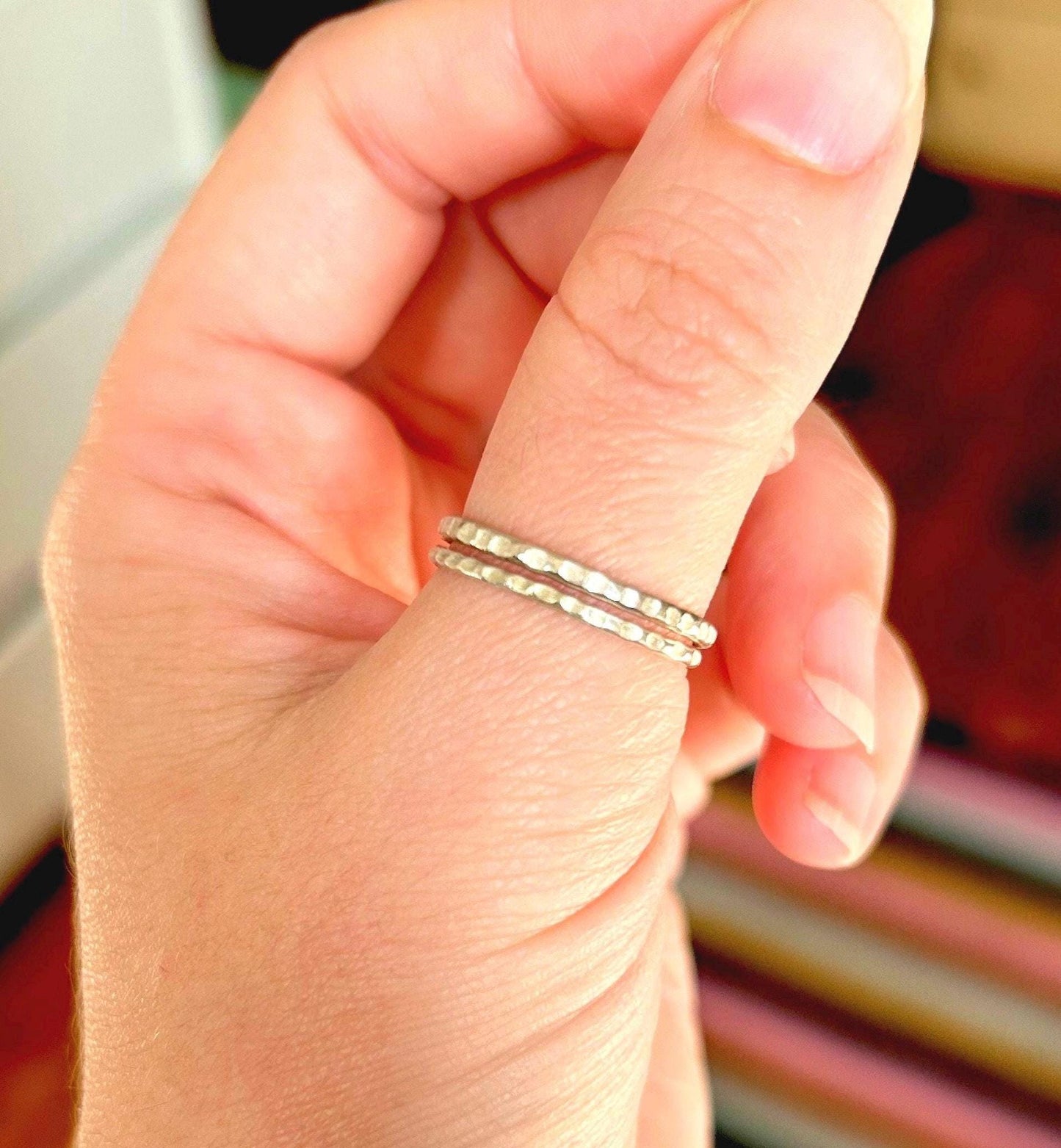 Set of 2 Hammered Texture Sterling Silver Stacking Rings