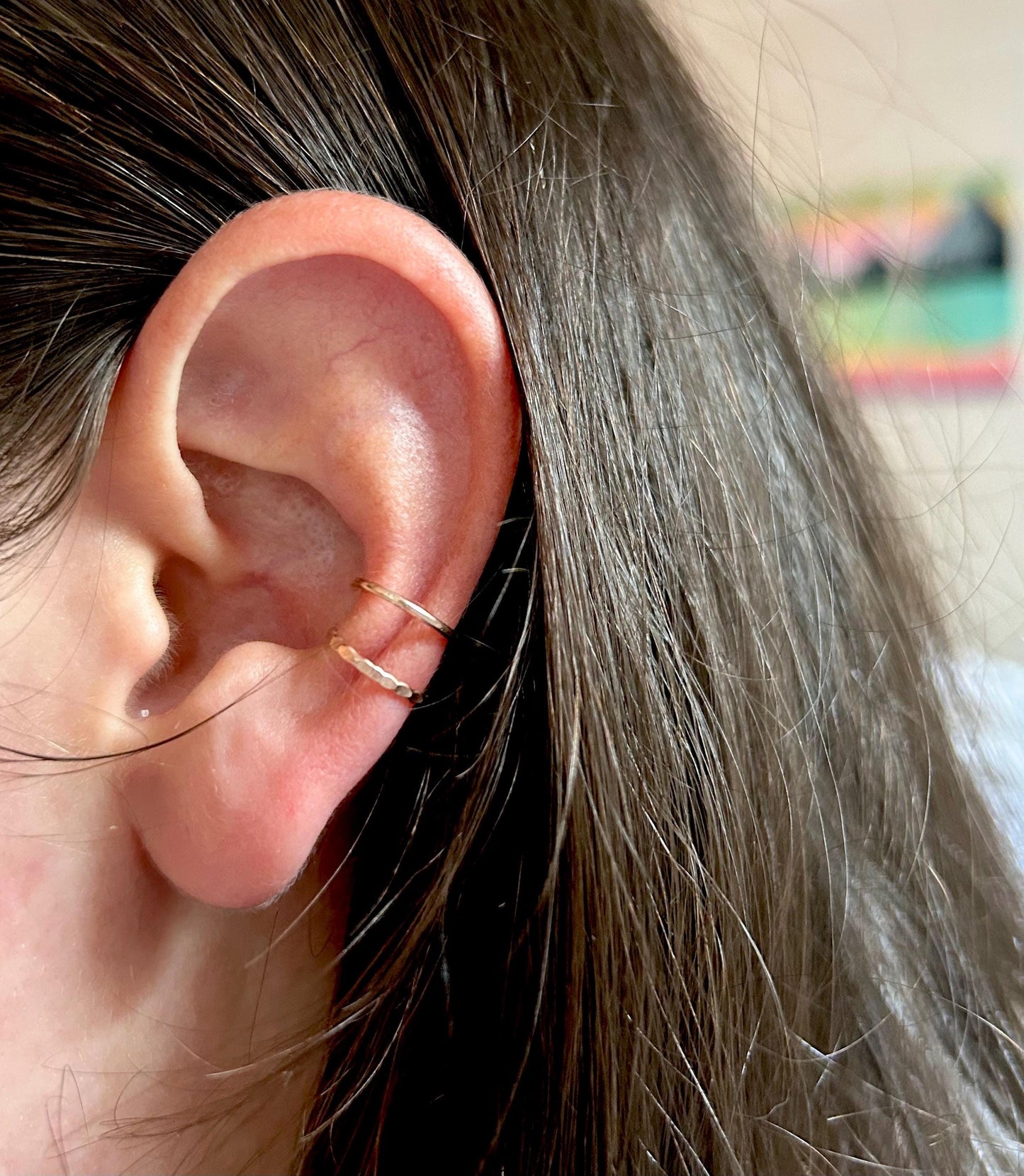 Double Hoop Conch Ear Cuff with Hammered and Polished Hoops, Fake Piercing Earring