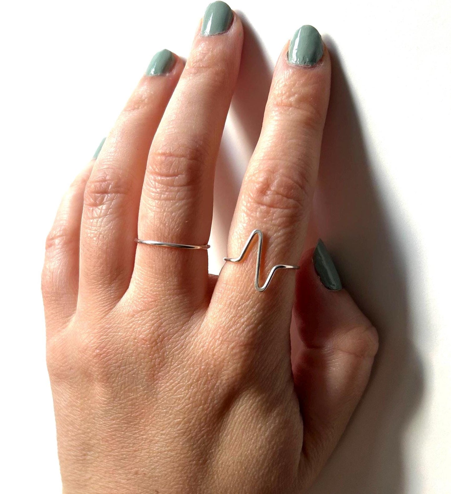 Pulse Set of 2 Sterling Silver Rings, EKG Ring and Skinny Silver Band