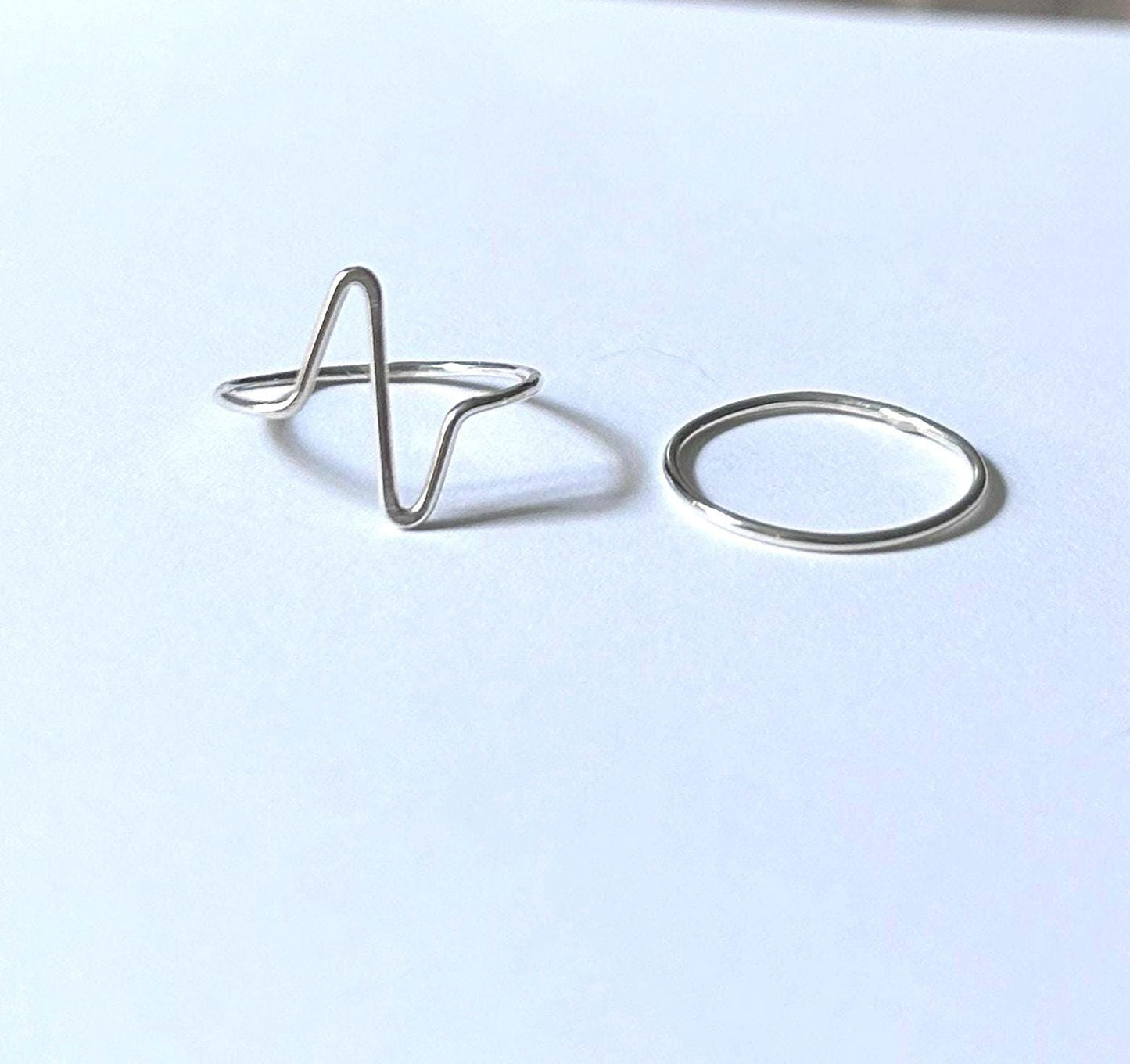 Pulse Set of 2 Sterling Silver Rings, EKG Ring and Skinny Silver Band