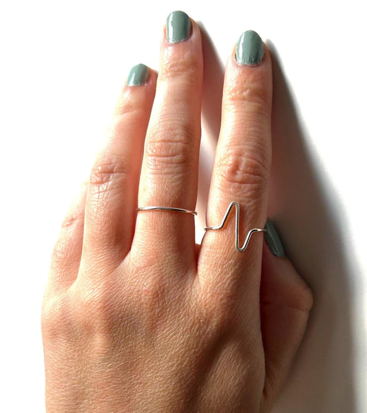 Pulse Set of 2 Sterling Silver Rings, EKG Ring and Skinny Silver Band