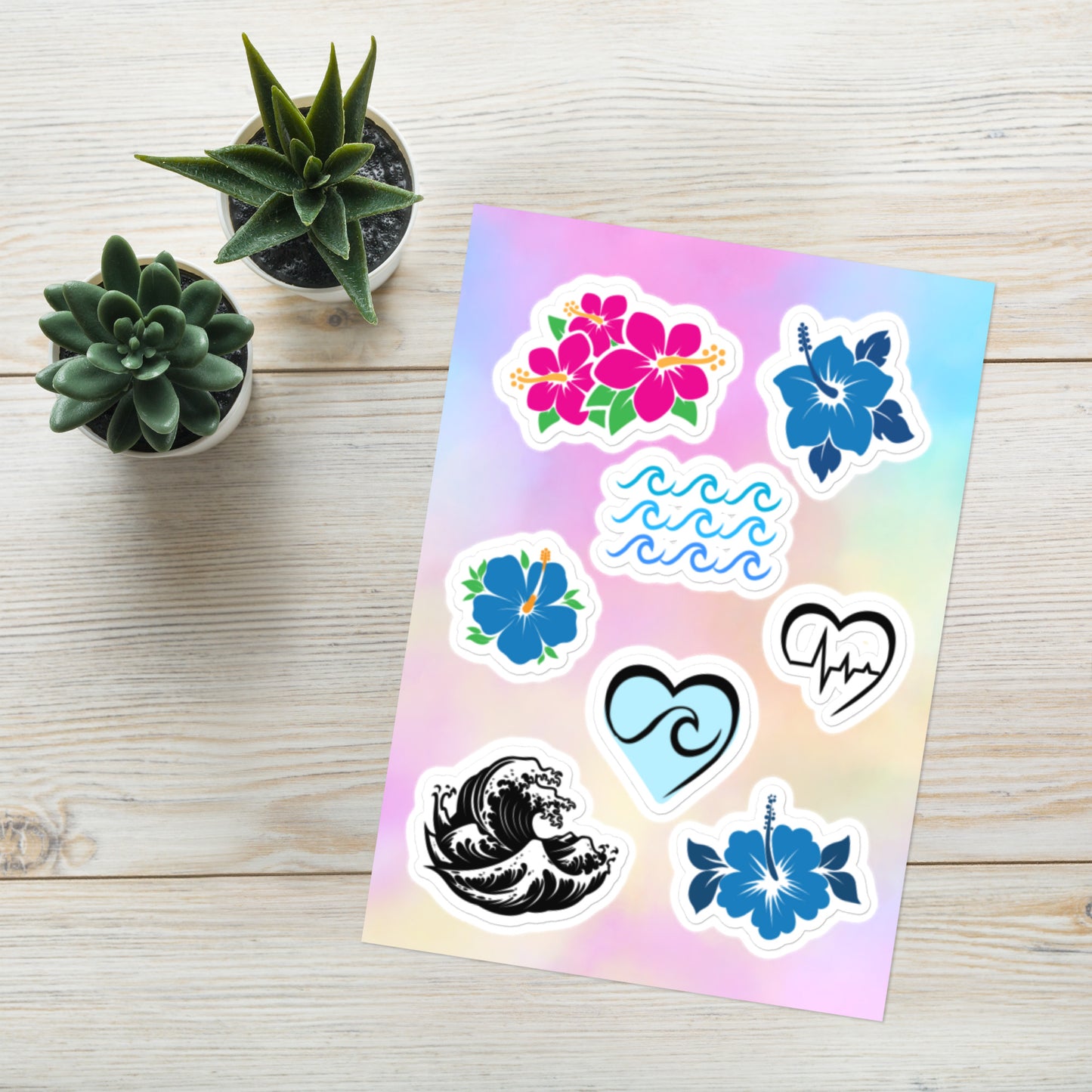 Hibiscus Beach Waves Summer PVC Stickers Sheet