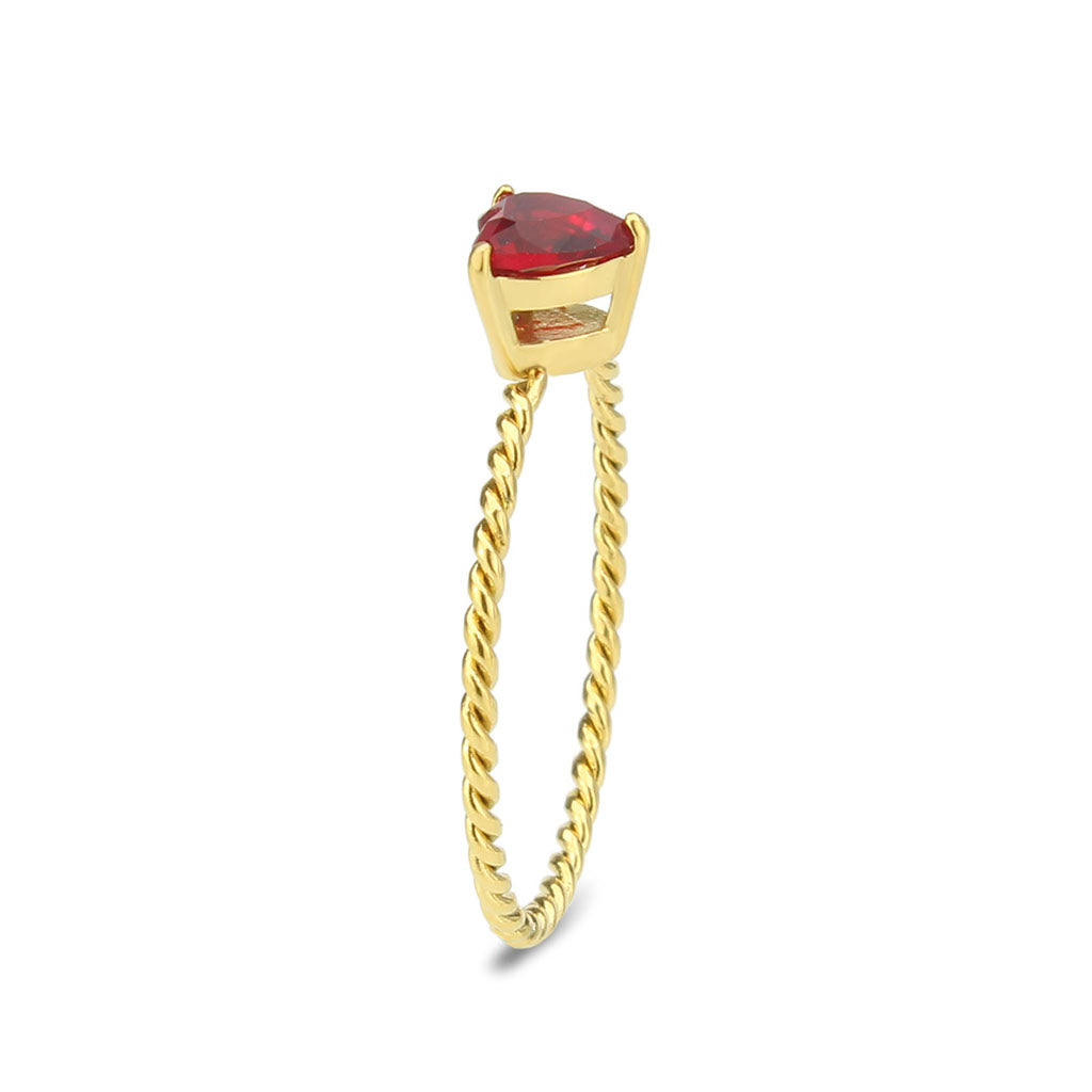 Ruby Heart Gold Plated Steel 3 Prong Ring with Twisted Band