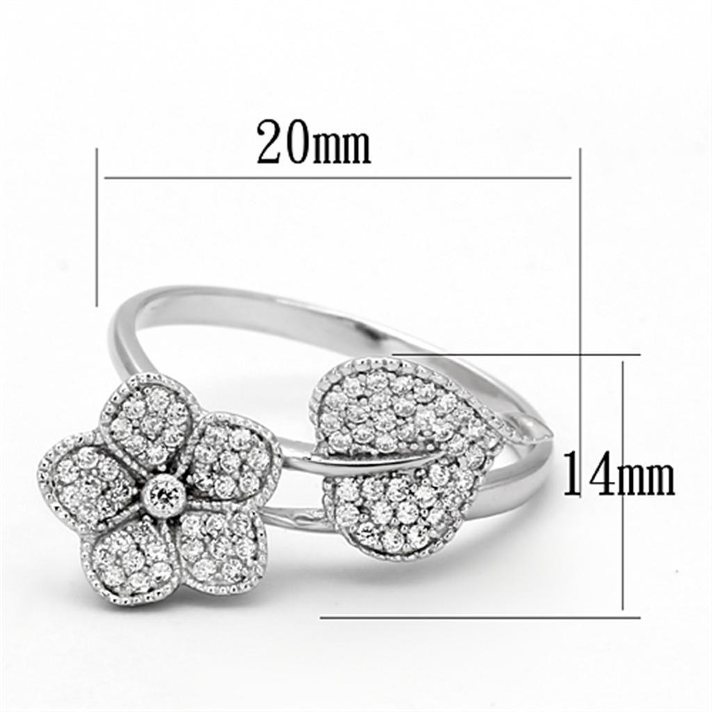 Crystal Flower and Leaf Sterling Silver Ring with AAA Grade CZ  in Clear