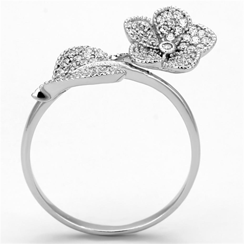 Crystal Flower and Leaf Sterling Silver Ring with AAA Grade CZ  in Clear