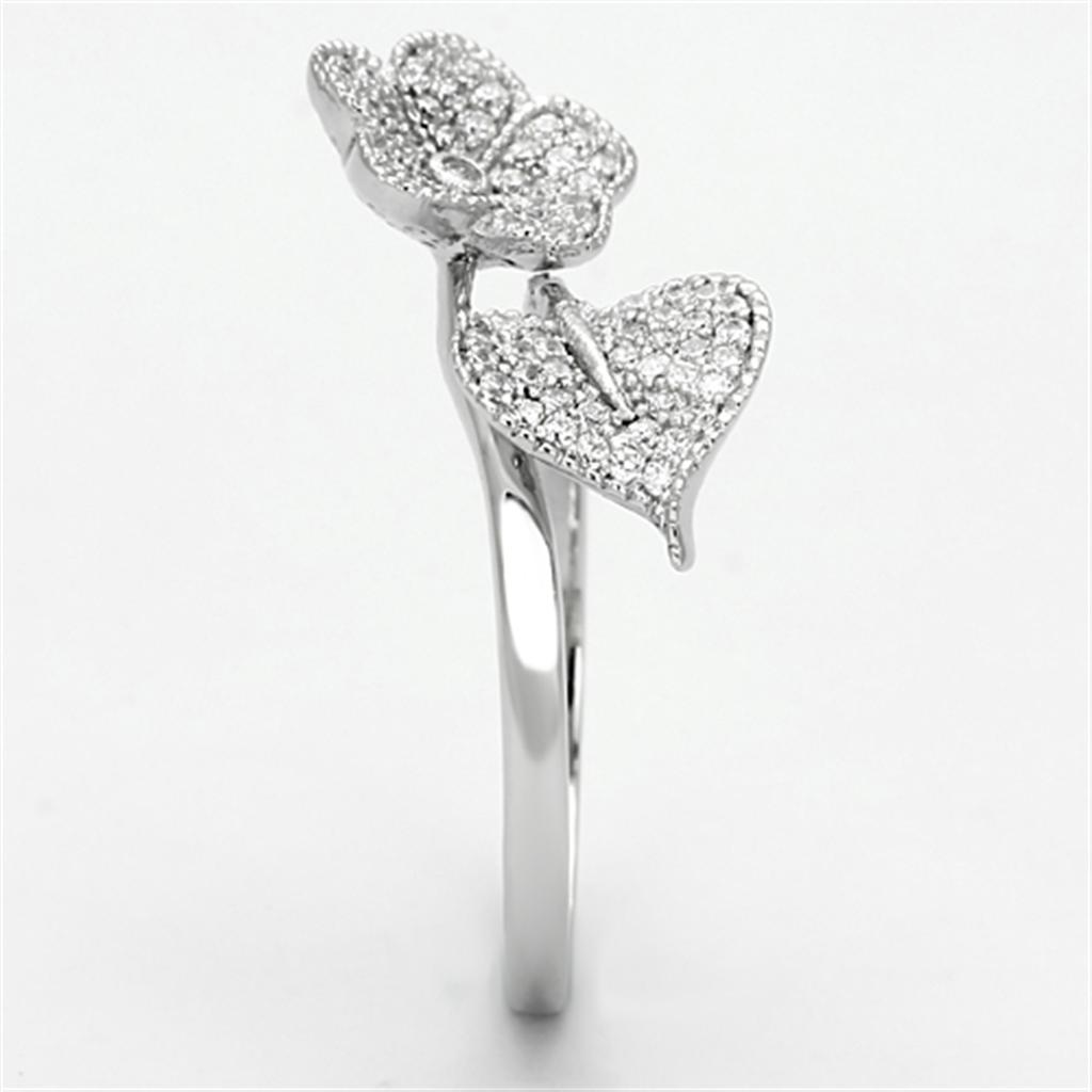 Crystal Flower and Leaf Sterling Silver Ring with AAA Grade CZ  in Clear