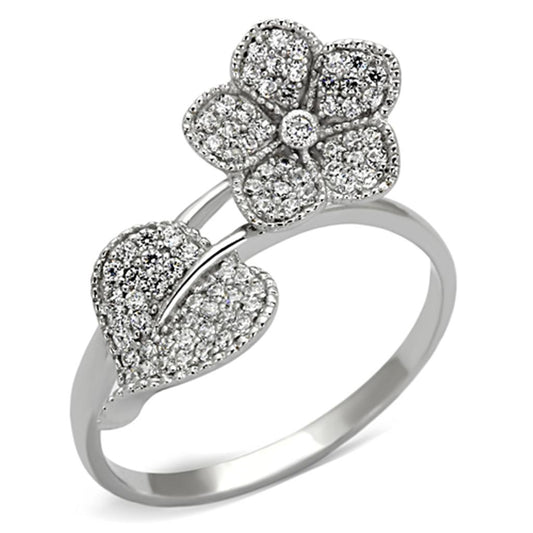 Crystal Flower and Leaf Sterling Silver Ring with AAA Grade CZ  in Clear