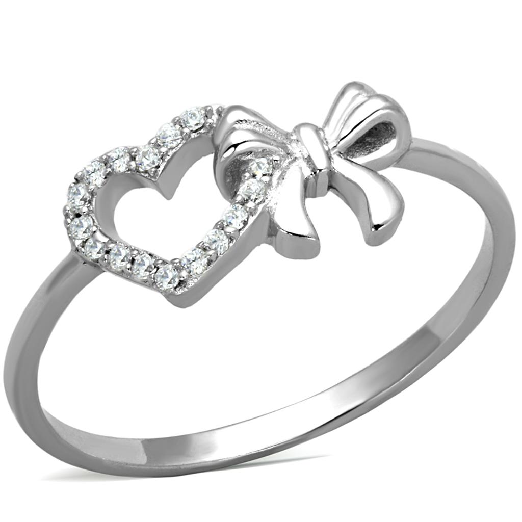 Heart with Bow Sterling Silver Ring with AAA Grade CZ Crystals