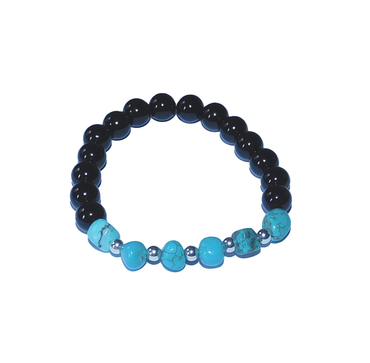 Turquoise and Silver Stretch Bracelet with Black Onyx Beads