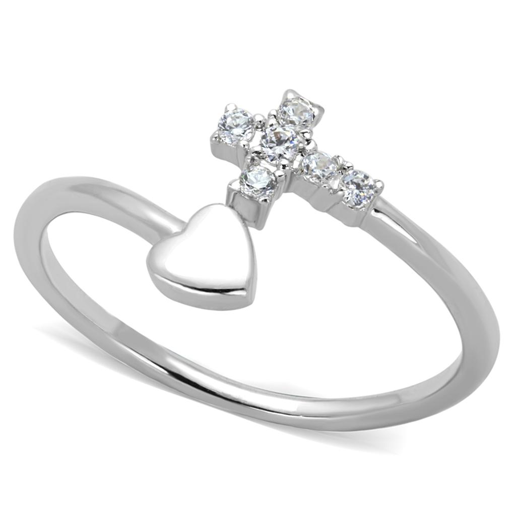 Cross and Heart Bypass Ring Silver Tone with CZ Crystals