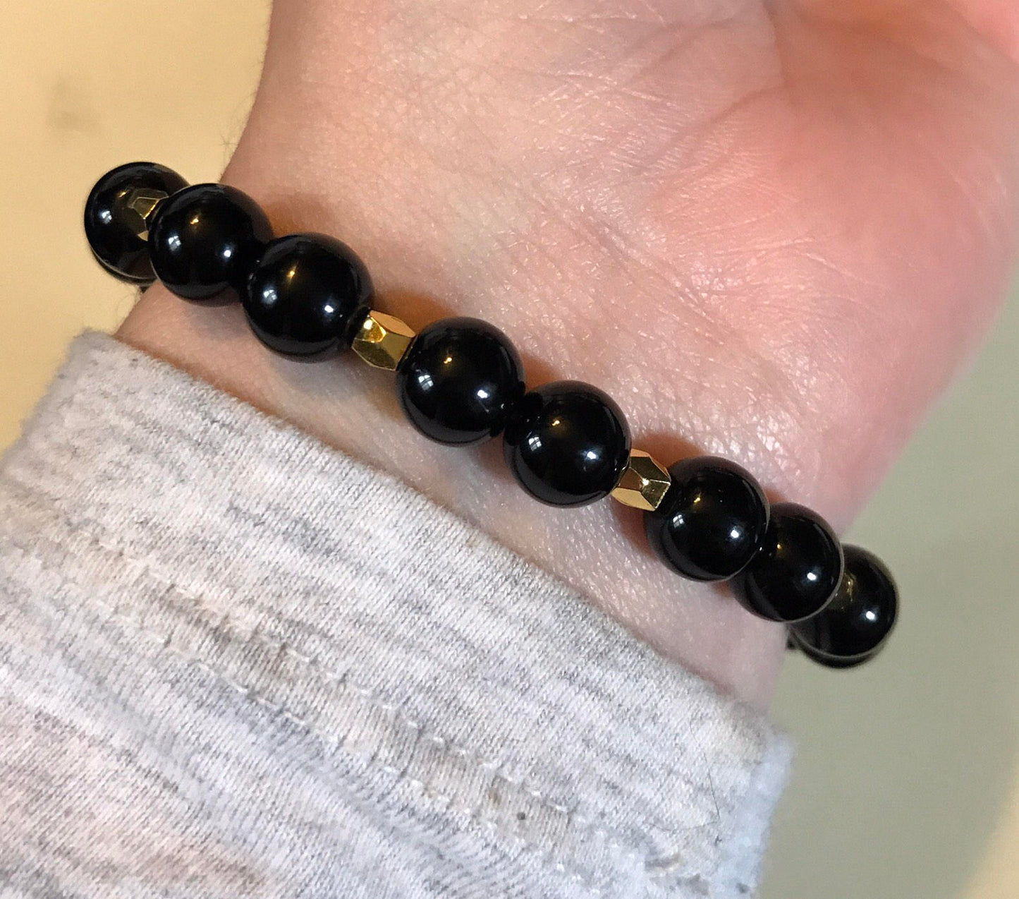 Stay Gold Black and Gold Beaded Stretch Bracelet