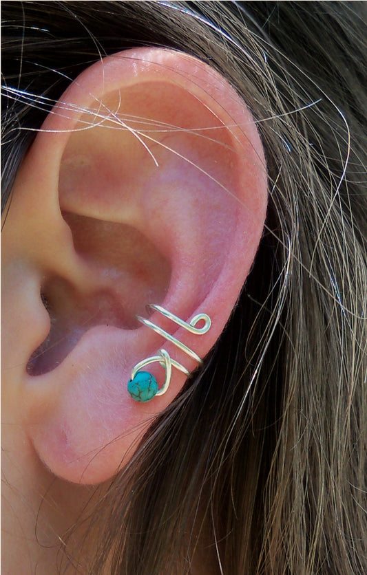 Silver Wire Wrapped Turquoise Bead Ear Cuff