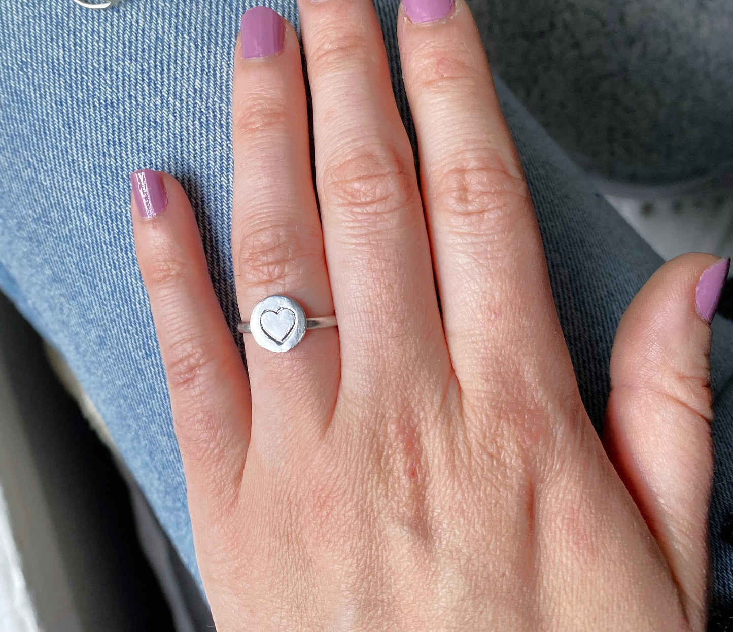 Heart Stamped Disc Sterling Silver Ring