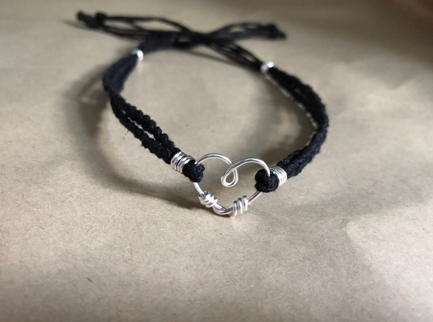 Braided Cord with Sterling Silver Heart Anklet or Bracelet