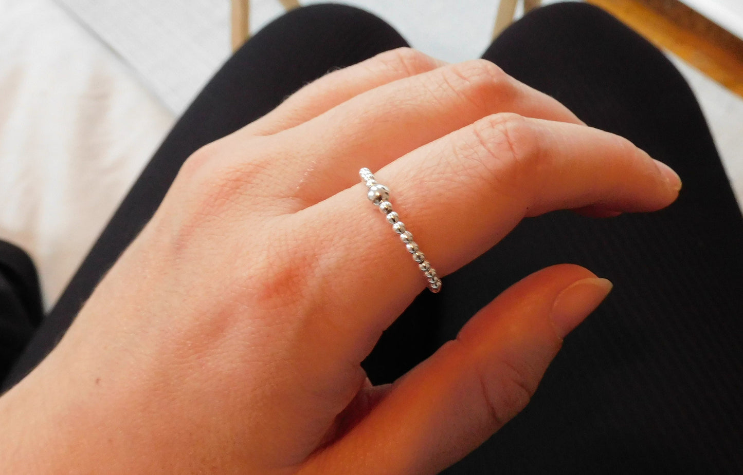 Sterling Silver Beaded Elastic Stretch Ring