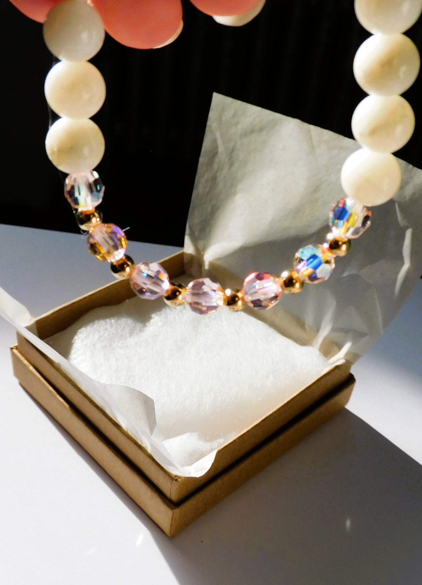 Pink and Gold Beaded Crystal Stretch Bracelet with White Shell Beads