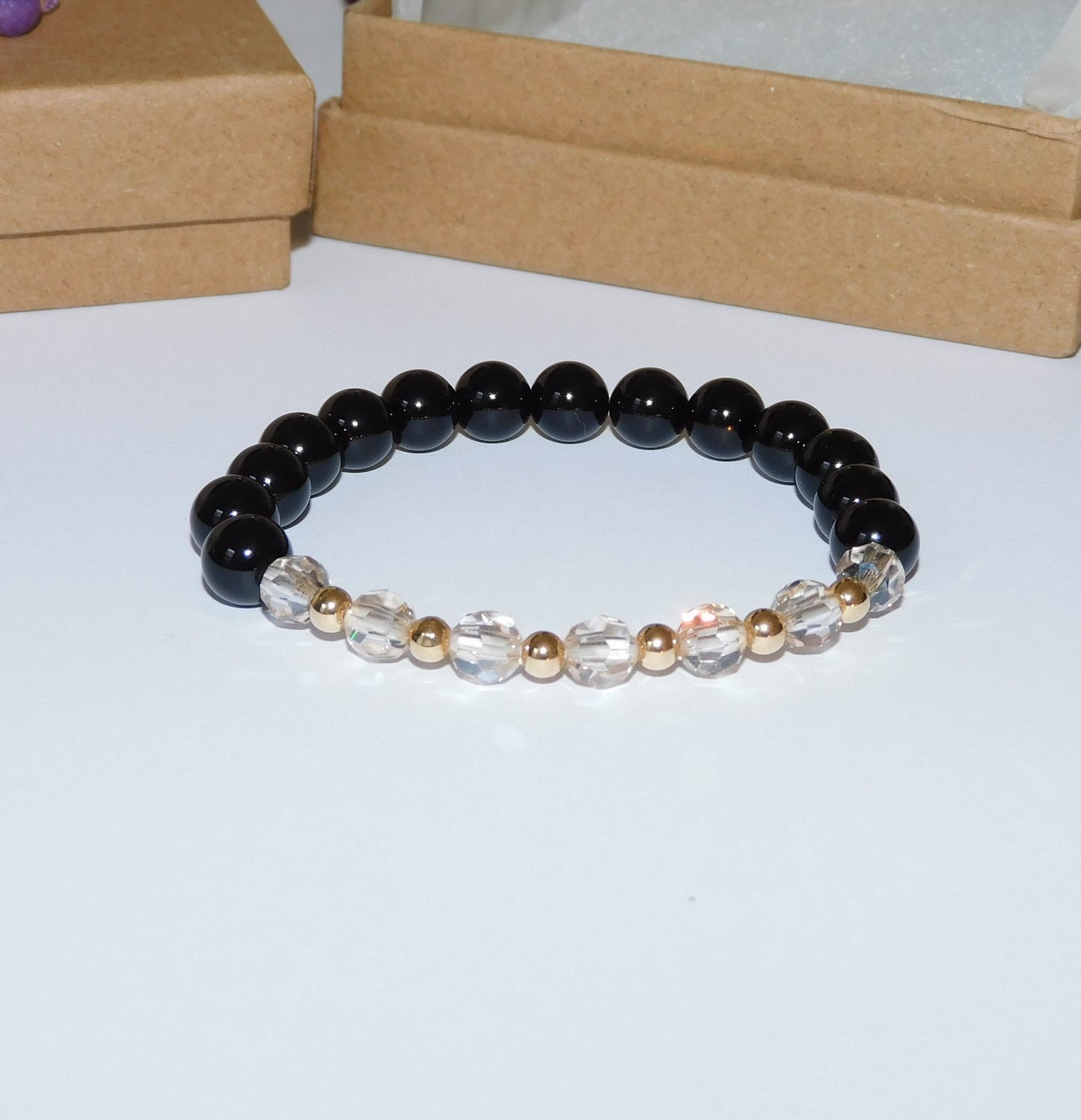 Gold and Champagne Beaded Crystal Stretch Bracelet with Black Onyx Beads