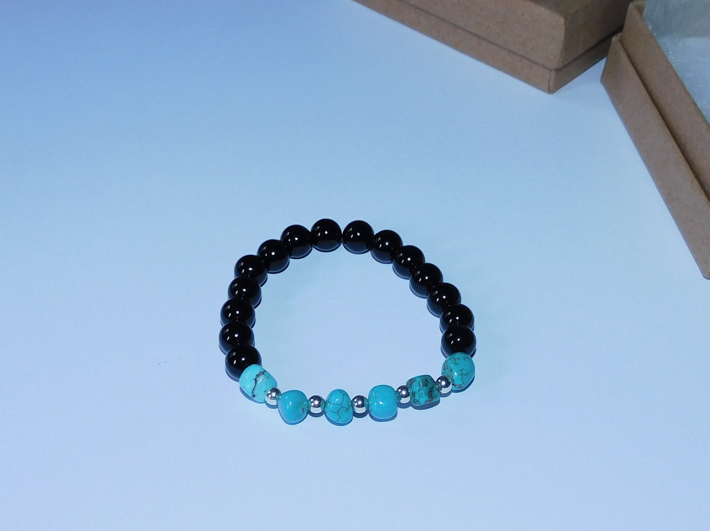 Turquoise and Silver Stretch Bracelet with Black Onyx Beads