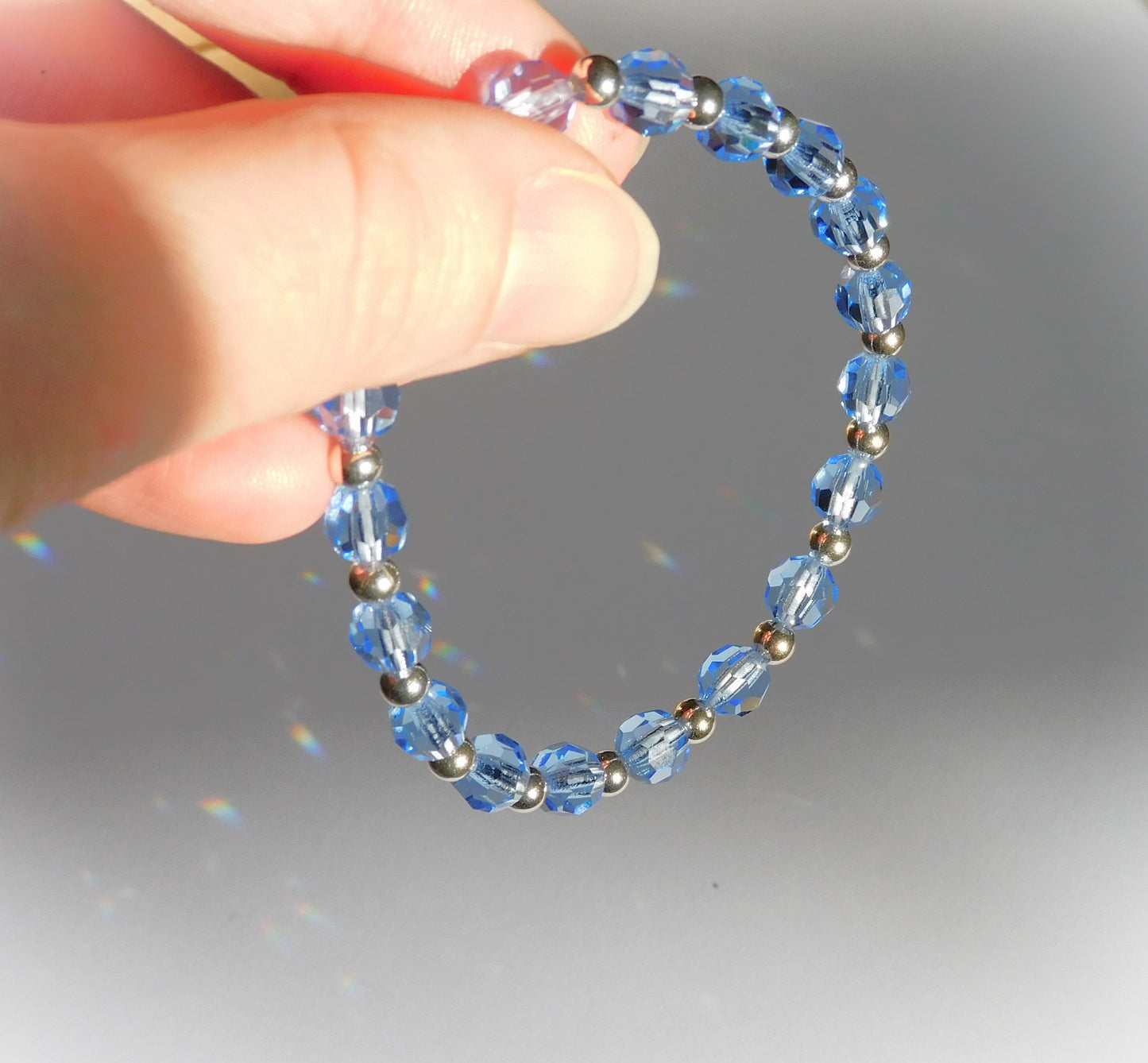 Blue Swarovski Crystal and Sterling Silver Beaded Stretch Bracelet