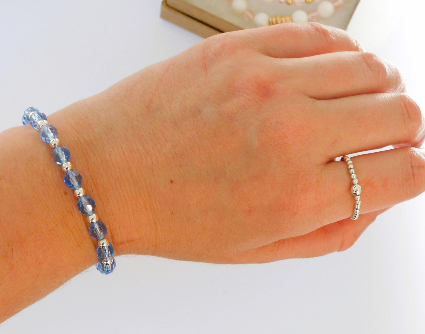 Blue Swarovski Crystal and Sterling Silver Beaded Stretch Bracelet