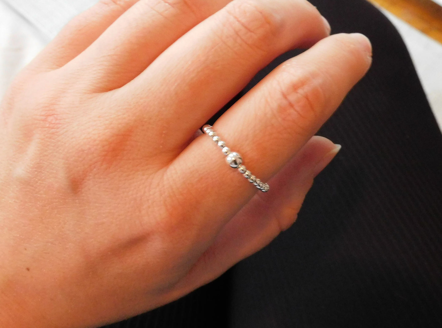 Sterling Silver Beaded Elastic Stretch Ring