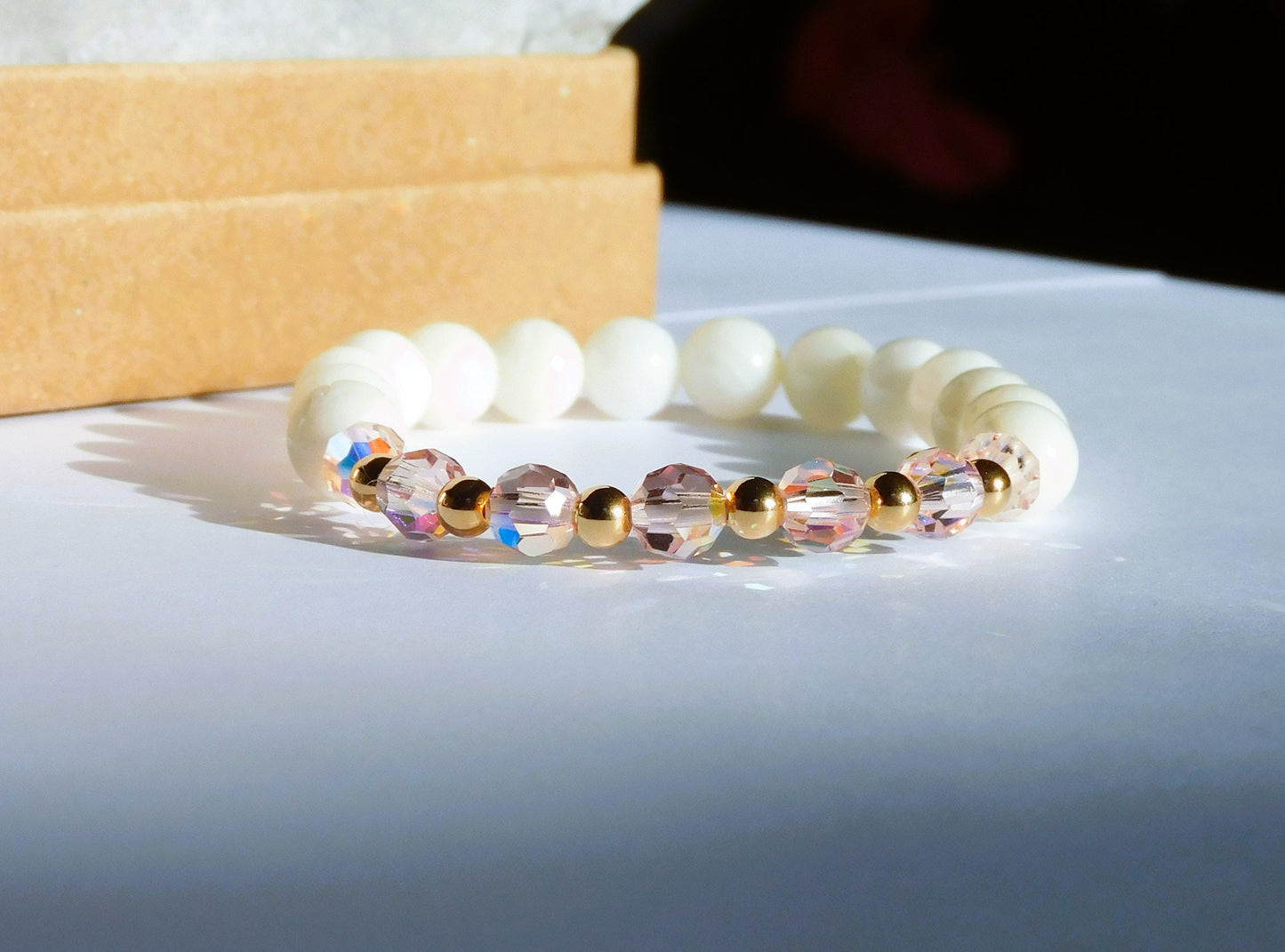 Pink and Gold Beaded Crystal Stretch Bracelet with White Shell Beads