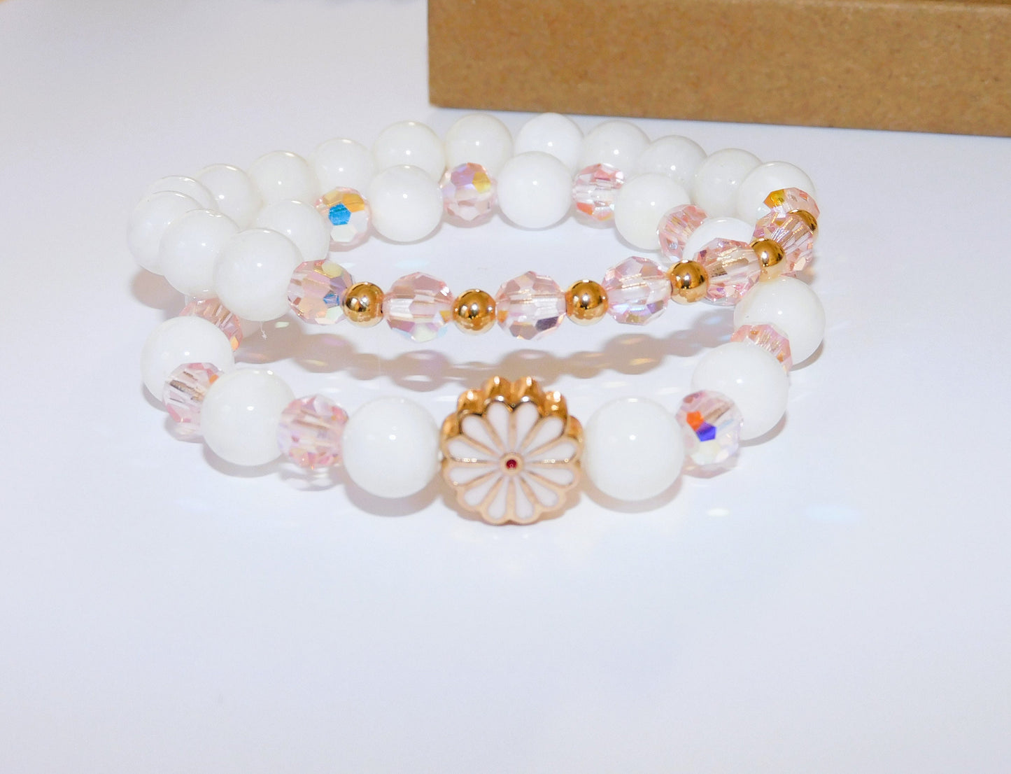 Pink and Gold Beaded Crystal Stretch Bracelet with White Shell Beads