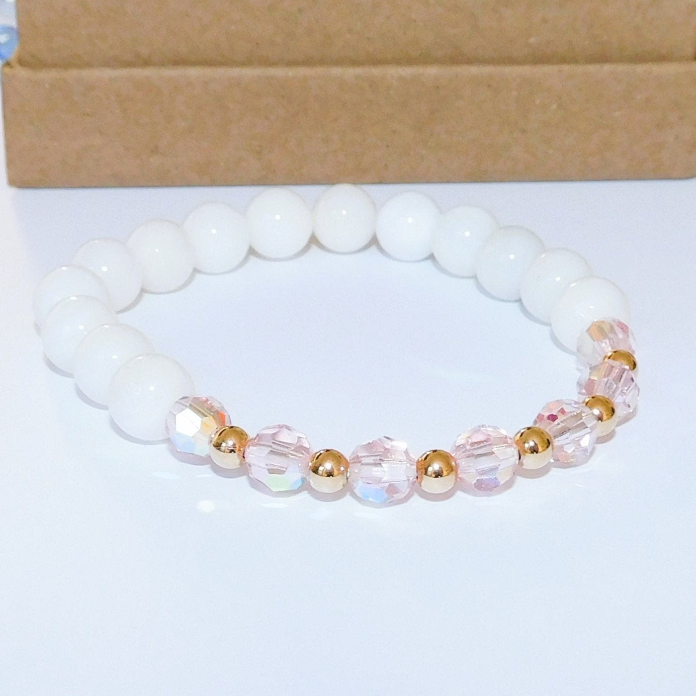 Pink and Gold Beaded Crystal Stretch Bracelet with White Shell Beads