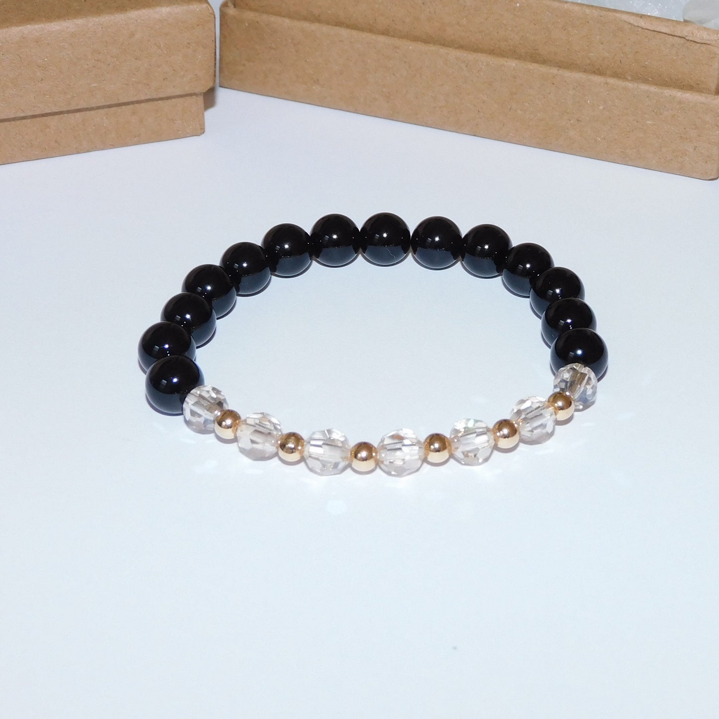 Gold and Champagne Beaded Crystal Stretch Bracelet with Black Onyx Beads