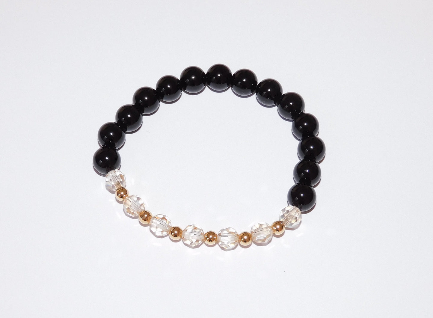 Gold and Champagne Beaded Crystal Stretch Bracelet with Black Onyx Beads