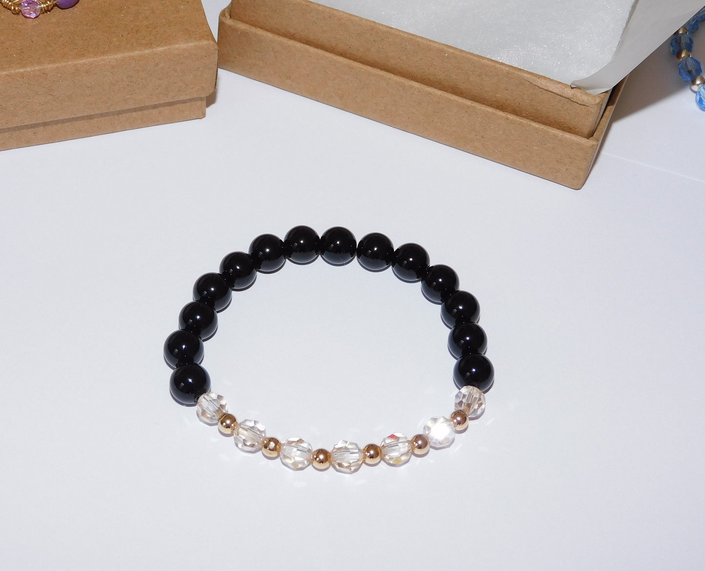 Gold and Champagne Beaded Crystal Stretch Bracelet with Black Onyx Beads