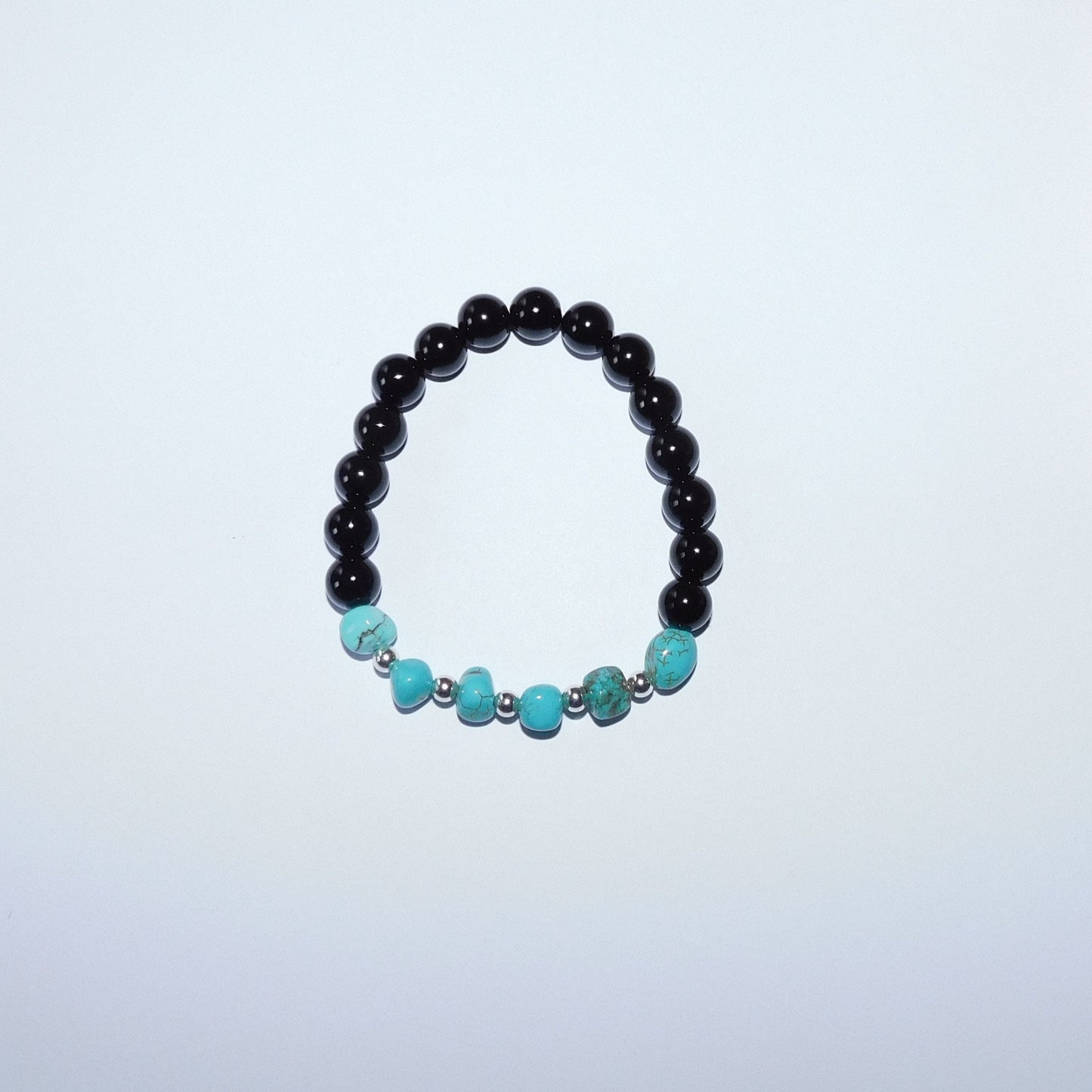 Turquoise and Silver Stretch Bracelet with Black Onyx Beads