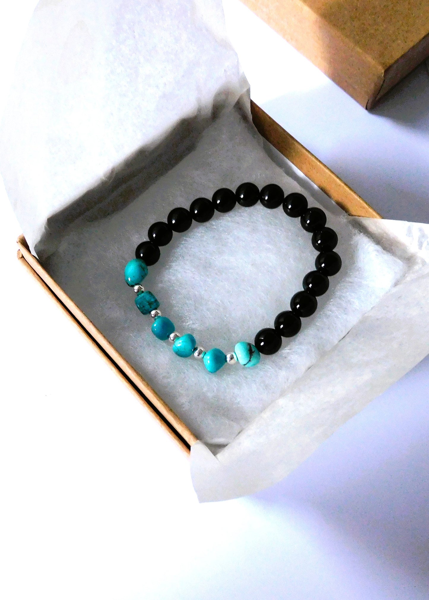 Turquoise and Silver Stretch Bracelet with Black Onyx Beads