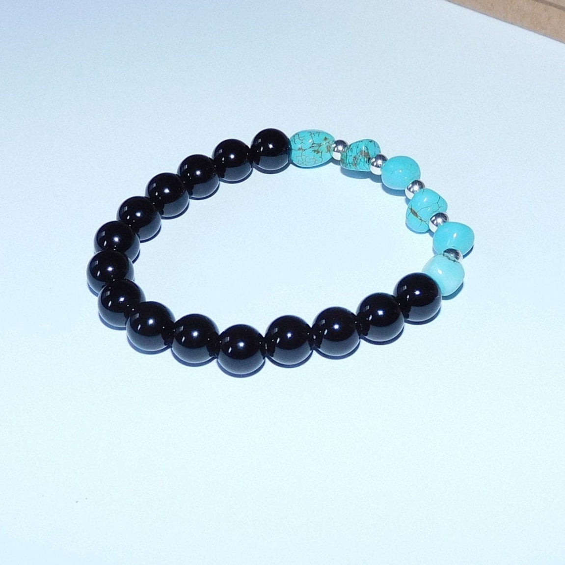 Turquoise and Silver Stretch Bracelet with Black Onyx Beads